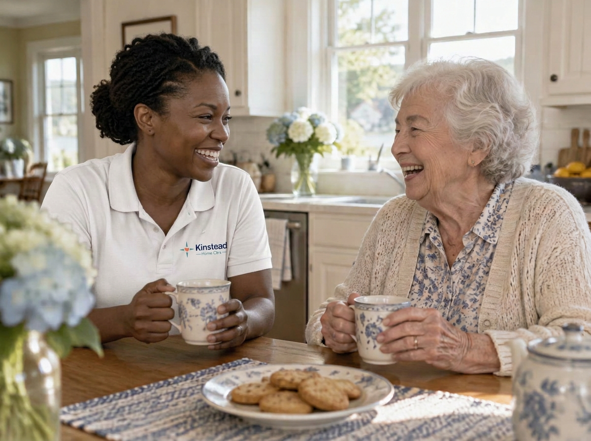 A Kinstead caregiver and an older woman laughing over tea at a kitchen table